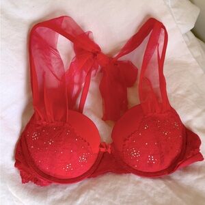 Victorias Secret 36B Dream Angels Balconette Push up bra red mesh rhinestone bow